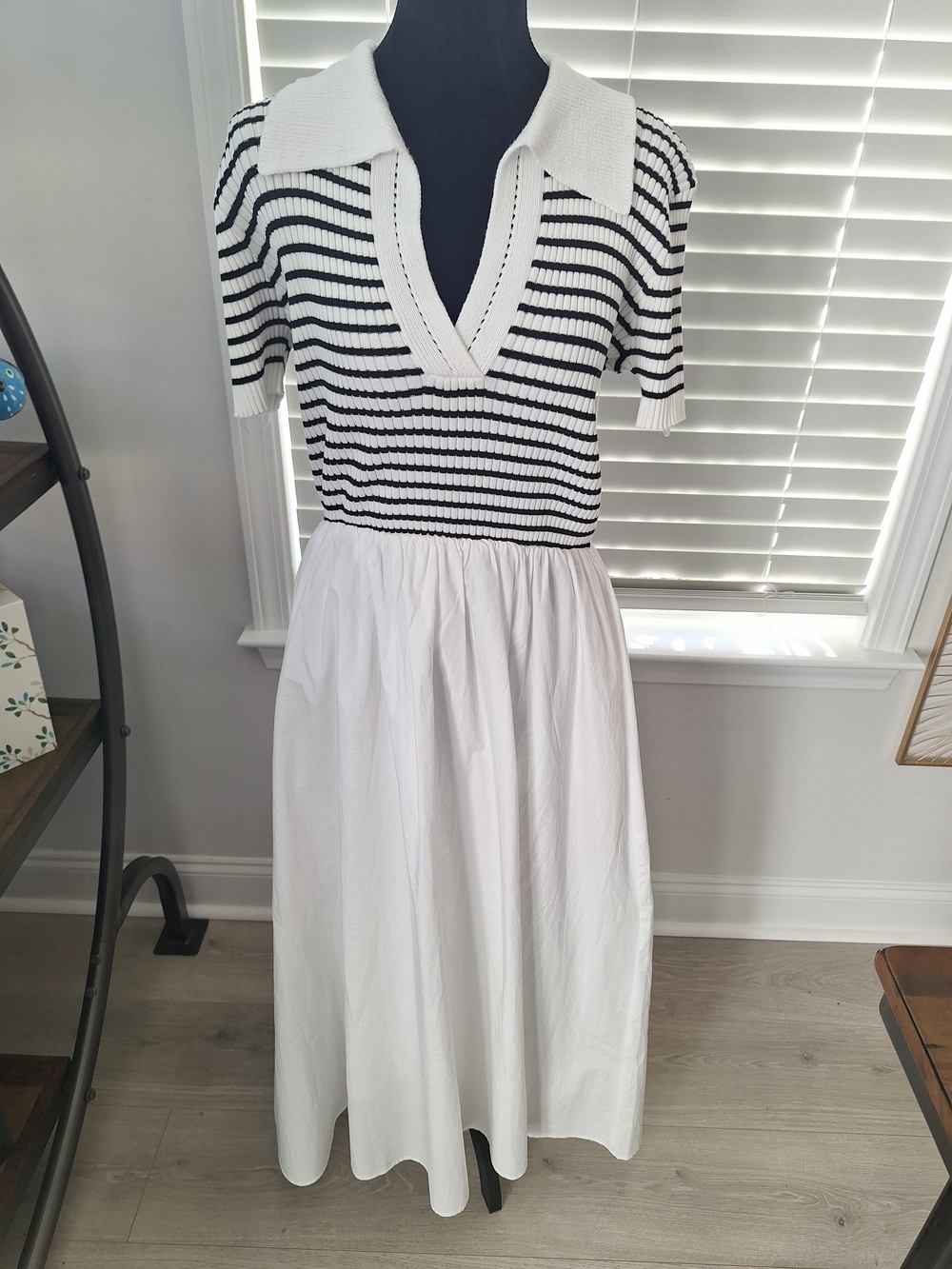 Rachel Zoe Black-and-White Striped Collared Midi Dress
